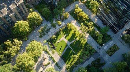Aerial view of a lush urban park surrounded by modern buildings on a sunny dayの素材