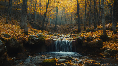 A tranquil waterfall flows through a vibrant autumn forest in the early morning lightの素材