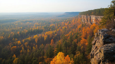 Autumn leaves color the valley below a rocky cliff in a tranquil wildernessの素材