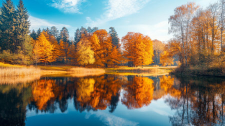 Autumn trees reflect on calm lake under blue sky in a serene landscapeの素材