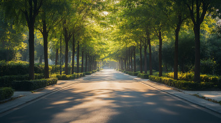 Serene tree-lined pathway in a peaceful urban park during early morning lightの素材