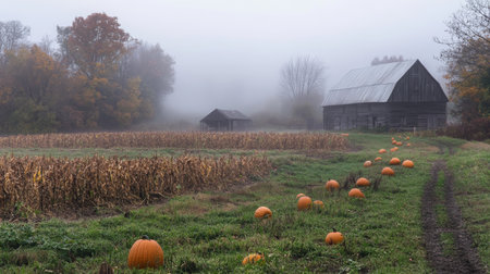 Pumpkin field near an old barn shrouded in morning fog during autumn harvest seasonの素材