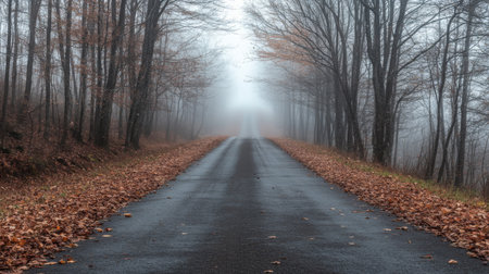 Foggy autumn road lined with bare trees and fallen leaves in a serene rural landscapeの素材