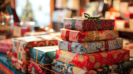 Pile of Wrapped Presents on Tableの素材