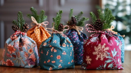Handmade Fabric Gift Bags With Pine Decorations on Wooden Tableの素材