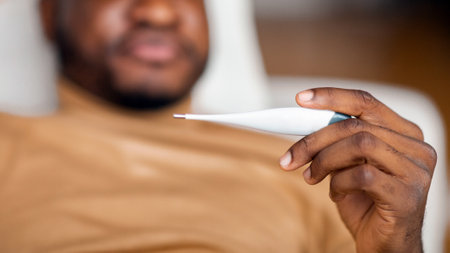 Sick Guy Measuring Body Temperature With Thermometer Lying At Home