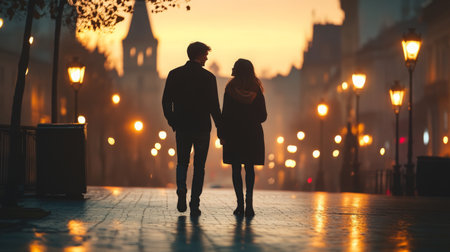A couple walks hand-in-hand along a city street at duskの素材