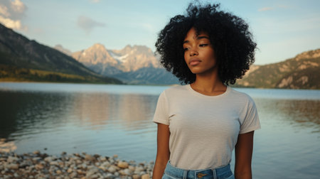 Young black woman with curly hair standing by a tranquil mountain lake during golden hourの素材