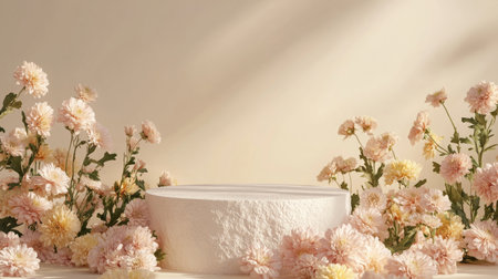 A floral arrangement with delicate pink flowers surrounding a minimalist display pedestalの素材
