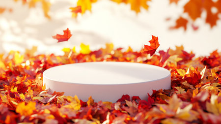 Colorful autumn leaves surround a white pedestal in a serene natural setting during fallの素材