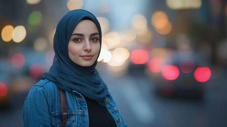 A young woman wearing hijab poses confidently on a busy city street in soft evening lightの素材