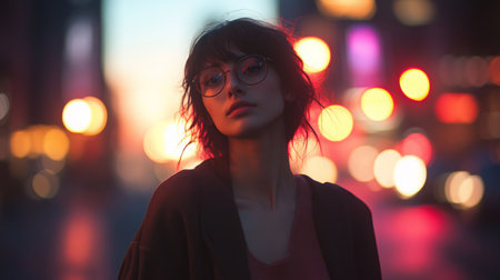 A young woman with glasses stands in city lights at dusk, capturing a moment of reflectionの素材