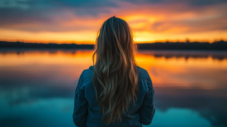 A woman admires a vibrant sunset over a tranquil lake while standing by the waters edgeの素材