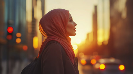 A woman in a hijab gazes thoughtfully at the sunset amidst city skyscrapersの素材