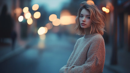 Young woman in a cozy sweater standing alone in a softly lit urban street during twilightの素材