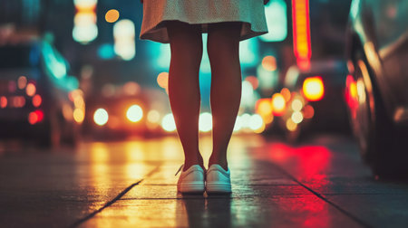 A person stands in a city street at night, illuminated by car lightsの素材