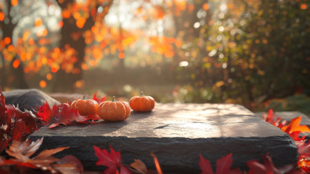 Autumn pumpkins nestled among vibrant red leaves on a sunny afternoon in a tranquil gardenの素材