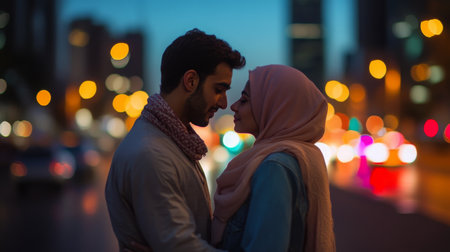 A couple looks lovingly at each other in the city at nightの素材