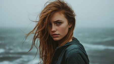 Young woman with windblown hair standing by the ocean on a cloudy dayの素材