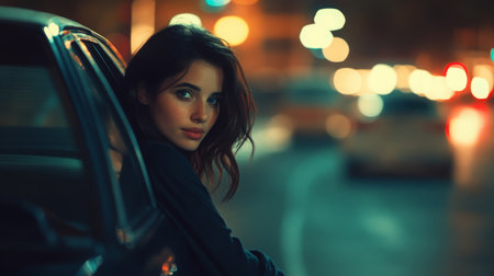A woman gazes thoughtfully from a car window during a lively city nightの素材