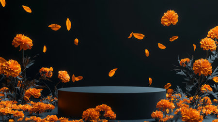 A black pedestal surrounded by orange marigolds and petals against a dark backdropの素材