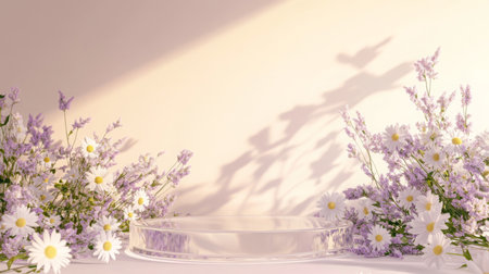 A glass platform sits in front of a wall, surrounded by purple flowers and white daisiesの素材