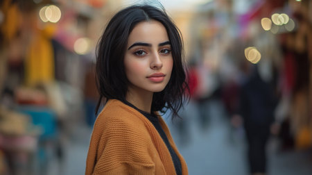 Young woman in brown sweater explores vibrant market street during twilightの素材
