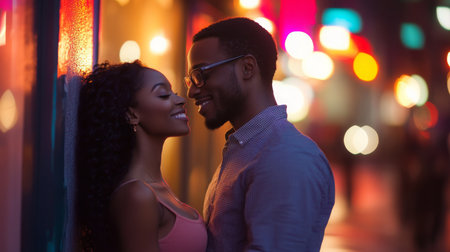 A couple smiles at each other on a city street at nightの素材