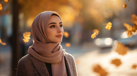 A woman in a hijab enjoys a moment of tranquility amidst falling autumn leaves in the cityの素材