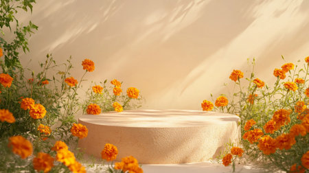 A round stone pedestal surrounded by vibrant orange marigold flowers in a sunlit gardenの素材