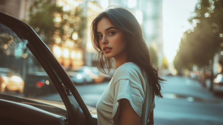 Young woman leaning against a car on a sunlit urban street during golden hourの素材