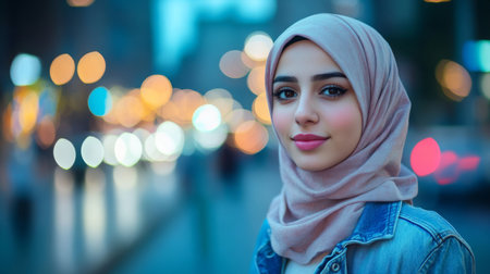 Young woman in a hijab smiles gently while walking through a bustling city at twilightの素材