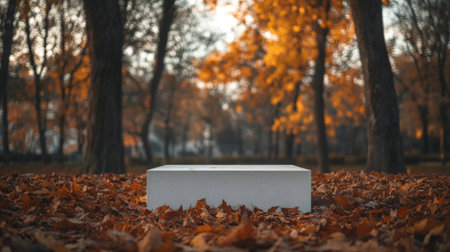 A white platform sits in the middle of a forest floor covered in fall leavesの素材