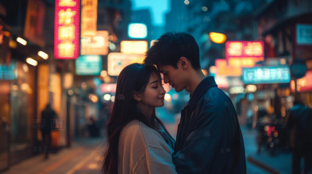 Young couple sharing a tender moment in a vibrant city at dusk, surrounded by neon lightsの素材