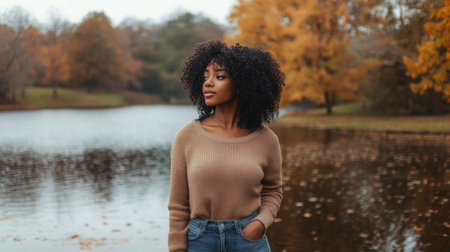 Young black woman with curly hair enjoys a peaceful moment by the lake in autumn colorsの素材
