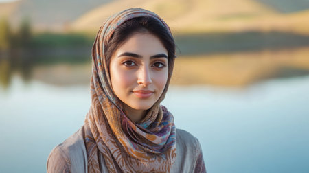 Young arab woman wearing a scarf stands by a tranquil lake at sunrise surrounded by natureの素材