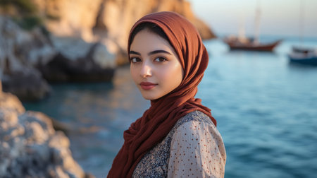 Young woman in a hijab poses by the tranquil sea near boats during the golden hourの素材