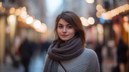 A young woman with a scarf smiling in a festive street filled with lightsの素材