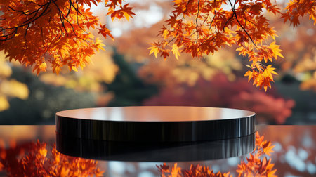 Reflective black platform surrounded by vibrant autumn leaves in a serene outdoor settingの素材