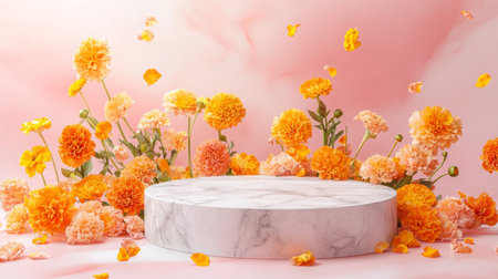A vibrant display of orange flowers surrounding marble pedestal in a soft pink backgroundの素材