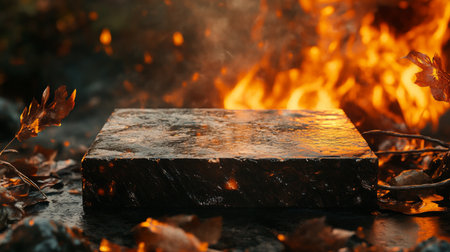 Burning log surrounded by leaves with flames creating a captivating autumn atmosphereの素材