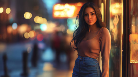 A woman stands by a window in a city at nightの素材