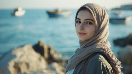 A young woman wearing a hijab gazes at the serene seaside landscape during golden hourの素材