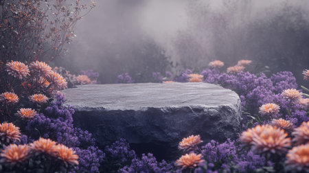 Tranquil stone altar surrounded by vibrant flowers in a misty garden settingの素材