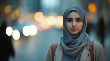Young woman in grey hijab stands confidently on bustling city street during twilight hoursの素材