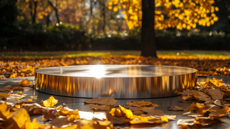 Reflective surface surrounded by golden autumn leaves in a tranquil park setting at middayの素材