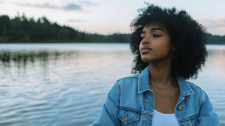 Young black woman gazing thoughtfully at the serene lake in a natural settingの素材
