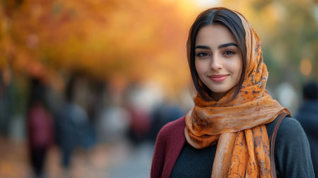 Young woman wearing scarf smiles confidently in autumn park filled with colorful foliageの素材