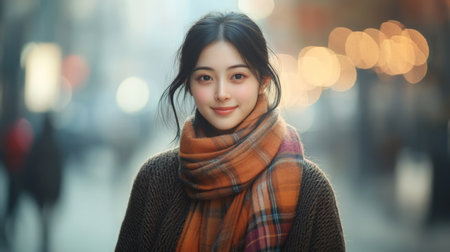 Young asian woman smiling while wearing cozy scarf in bustling urban street during winterの素材
