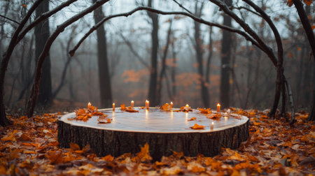 Tranquil forest altar with candles and leaves during the misty autumn morningの素材